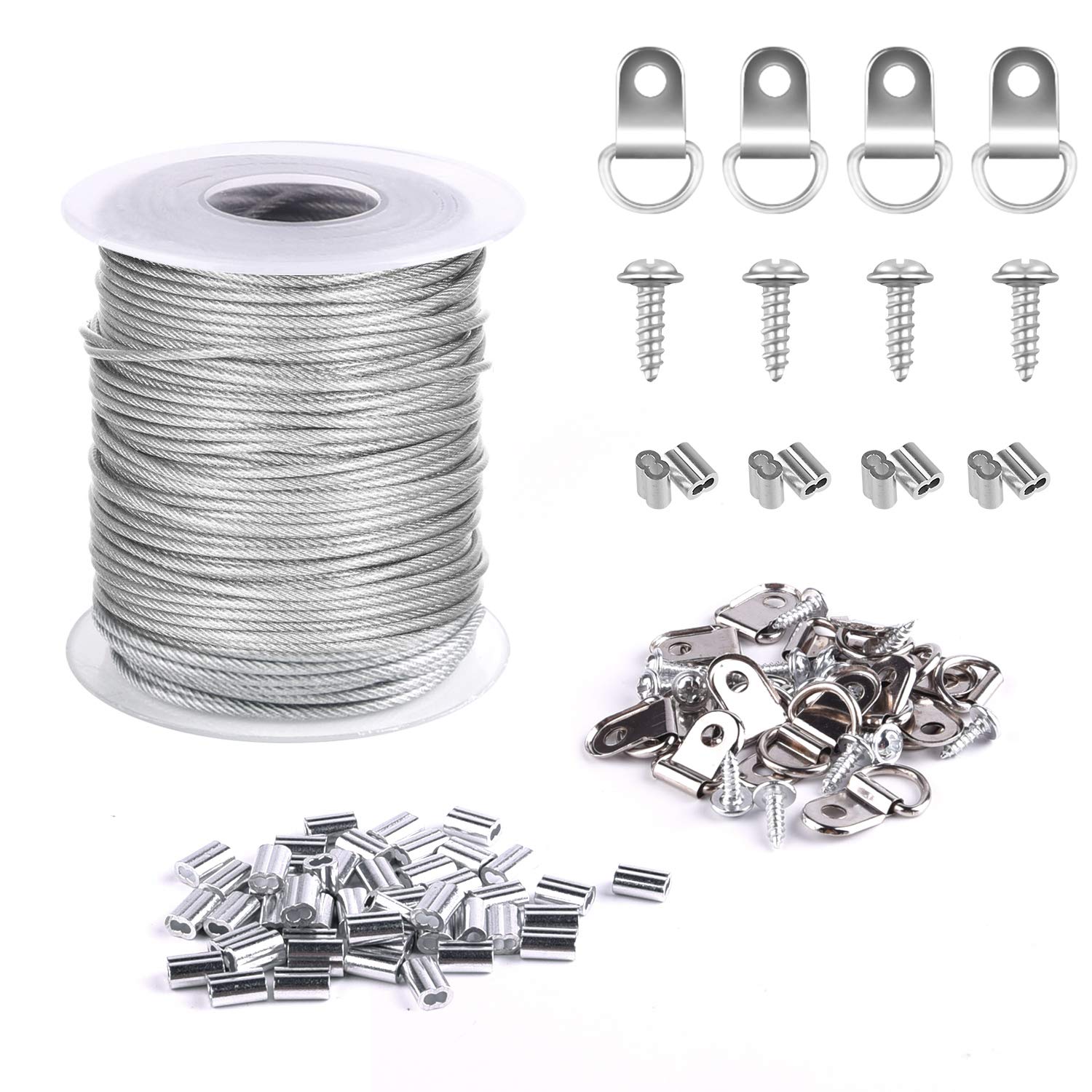 TUPARKA 1.5mmx30m Picture Frame Hanging Wire 304 Stainless Steel Wire Spool with 30 Pcs Aluminum Crimping Loop Sleeve and 15 Sets D-Ring Hangers (Hold Up to 25 KG)