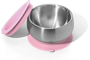Avanchy Baby Bowls with Suction and Storage Lids Set. Babies Kids Toddler Boys Girl First Food Feeding. Fits Feeding High Chair Table. Stainless Steel, Pink