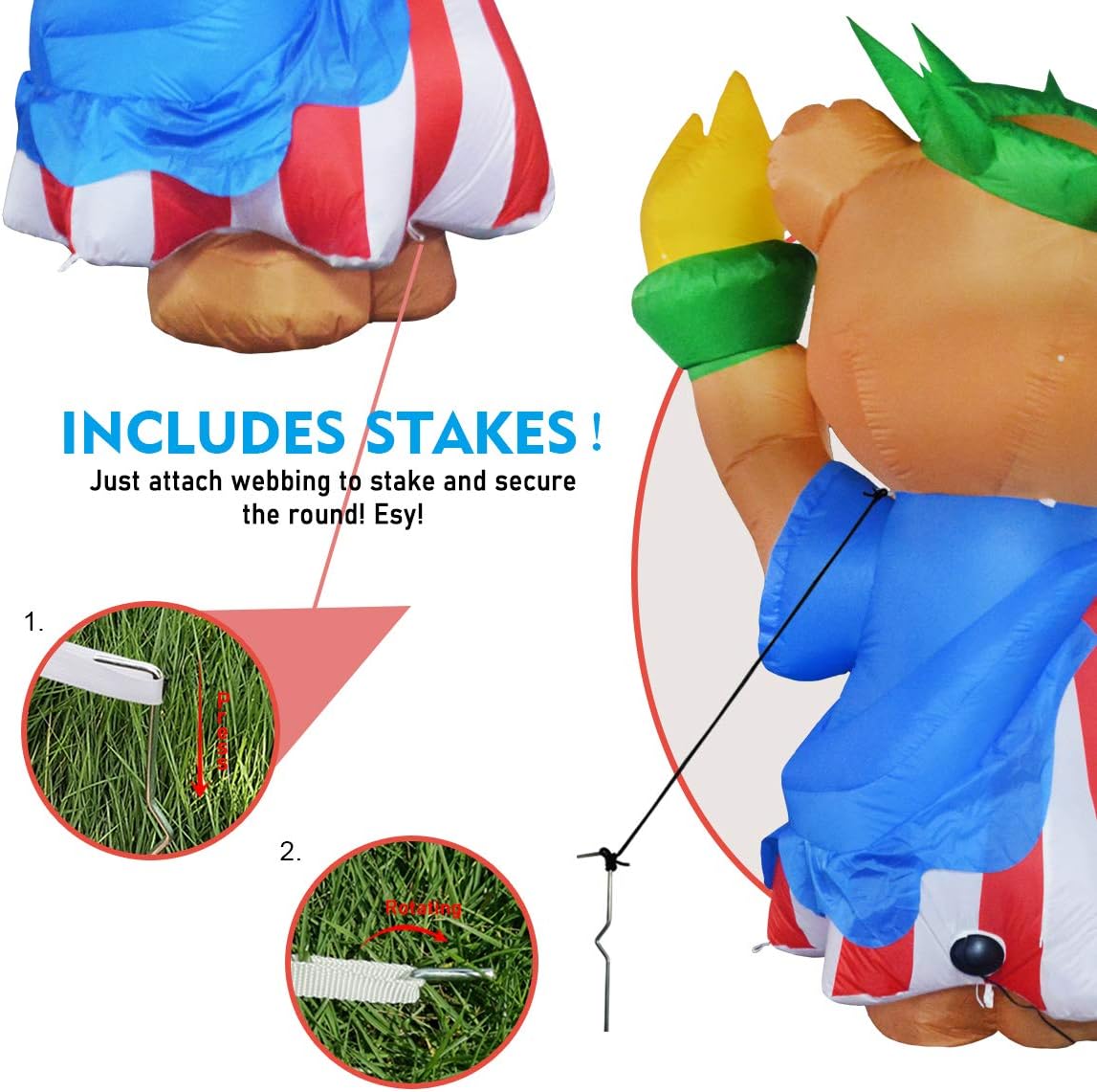 GOOSH 6 ft Tall Patriotic Independence Day Inflatable American Bear with Torch and USA Book Blowup Inflatables with Build-in LED Lights for Party Indoor,Outdoor,Yard,Garden,Lawn Decorations: Garden & Outdoor