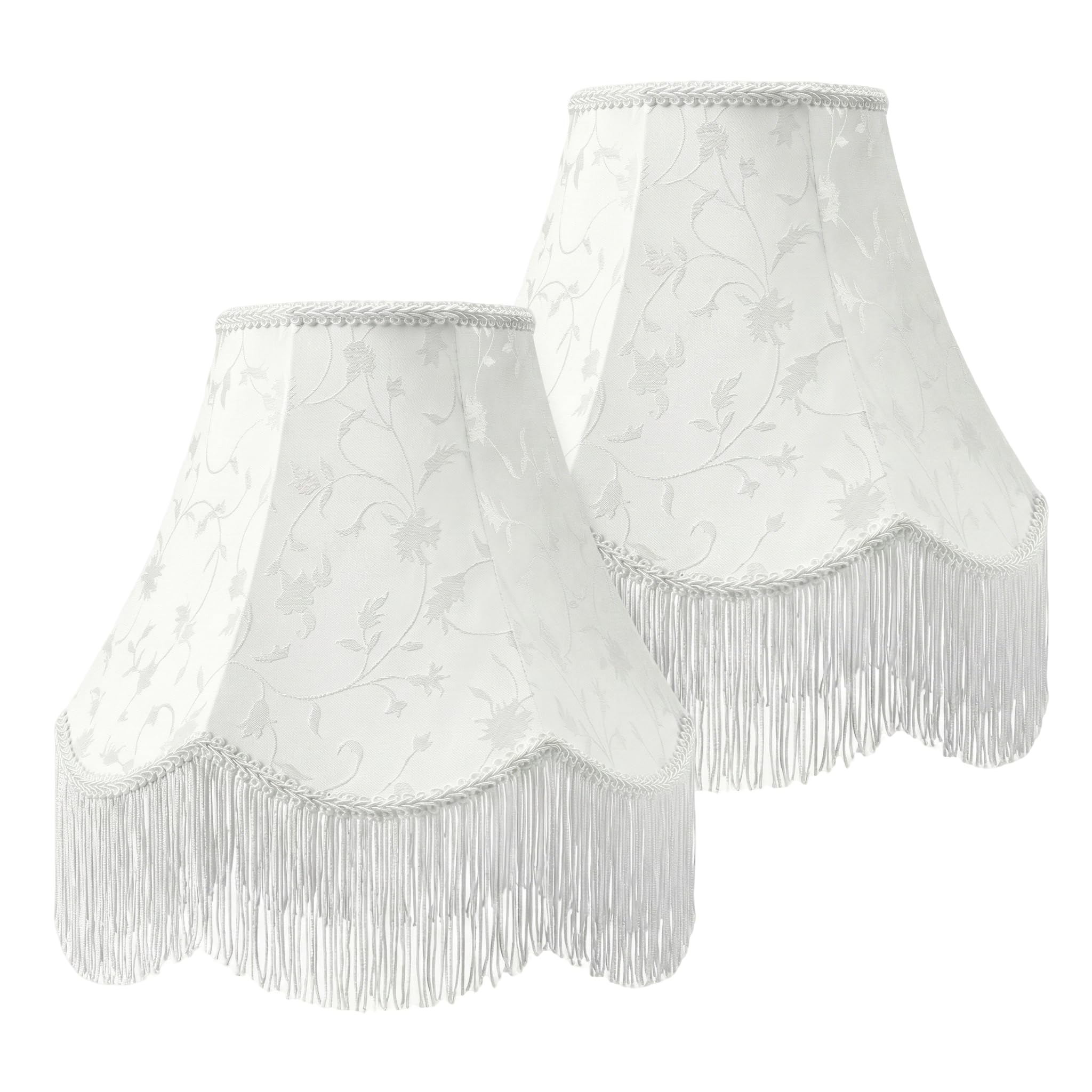 Photo 1 of White Bell Fringe Lamp Shades Set of 2, 6" x 13" x 10.6"(Spider) Floral Patterned Scalloped Trim Lampshades, Victorian Fabric Replacement Lamp Shades for Table Lamps, Easy Assembly