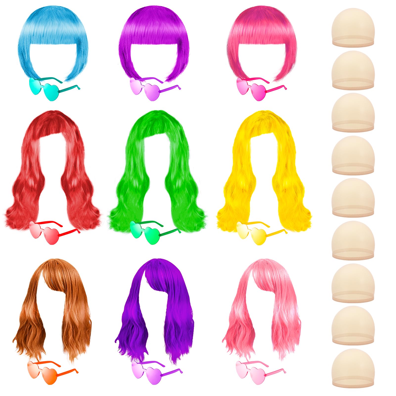 Photo 1 of XLSXEXCL 27 Pieces Colored Wigs Funky Colorful Wigs Three Styles Neon Party Wigs with Heart Shape Sunglasses and Wig Cap for Women Cosplay Bachelorette Party,Halloween Costume, Multicolor