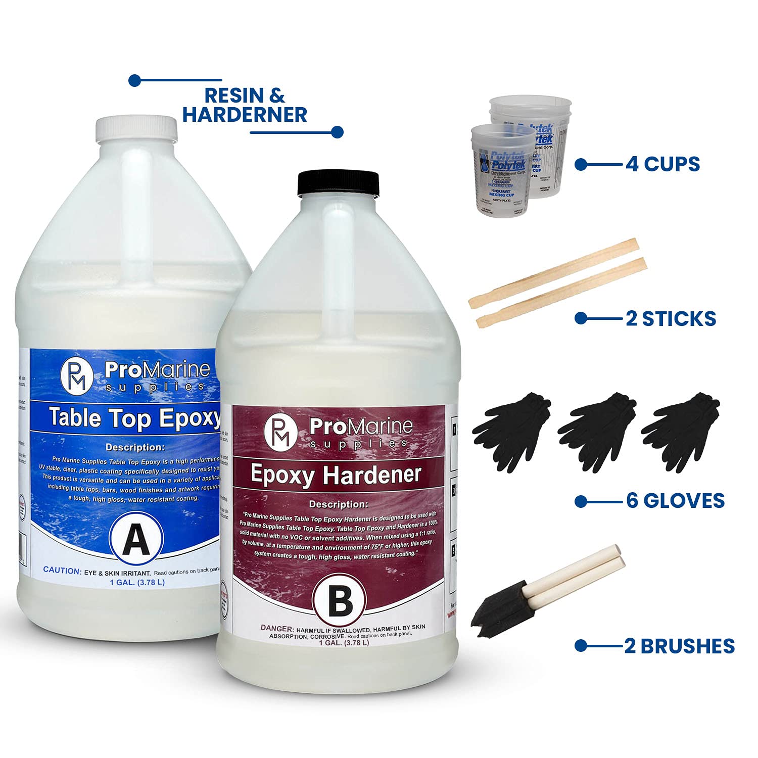 Pro Marine Supplies Crystal Clear Table Top Epoxy Resin & Hardener (2-Part 2 Gallon Combined Kit) with Cups, Brushes, Gloves, Sticks | UV-Resistant Gloss Coating for DIY Bar, Countertops, Woodworking: Industrial & Scientific