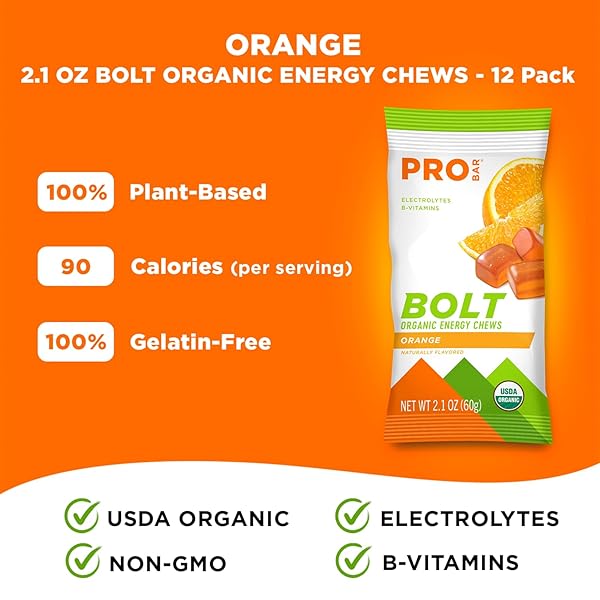 PROBAR – BOLT ORGANIC ENERGY CHEWS, ORANGE, NON-GMO, GLUTEN-FREE, USDA CERTIFIED ORGANIC, HEALTHY, NATURAL ENERGY, FAST FUEL GUMMIES WITH VITAMINS B & C (12 COUNT)