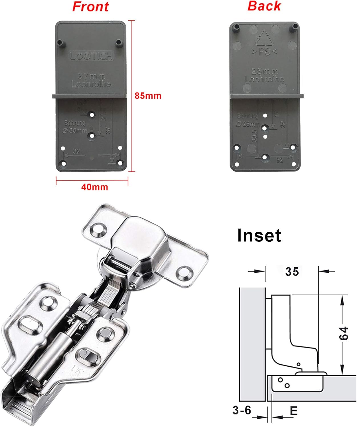 LOOTICH 110 Deg Kitchen Units Concealed Cabinet Door Mute Hinges 35mm Soft Close Inset and Embed Mounting 8 Piece (Include Drilling Jig) - Image 3