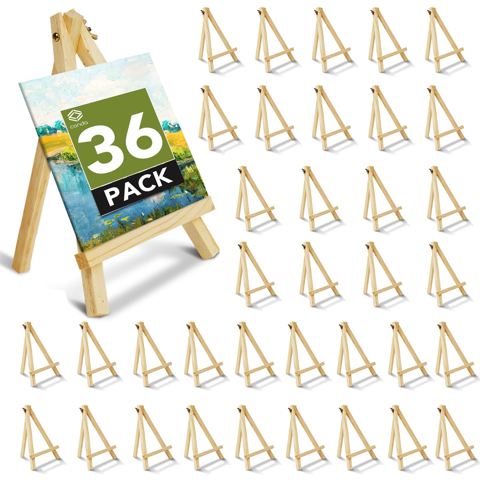 Conda 36 Pack 9 Inch Mini Wooden Display Easels, A-Shaped Mini Easel Stand for Small Painting, Painting Party Easel for DIY Crafts, Photos, Gift, Decoration Image