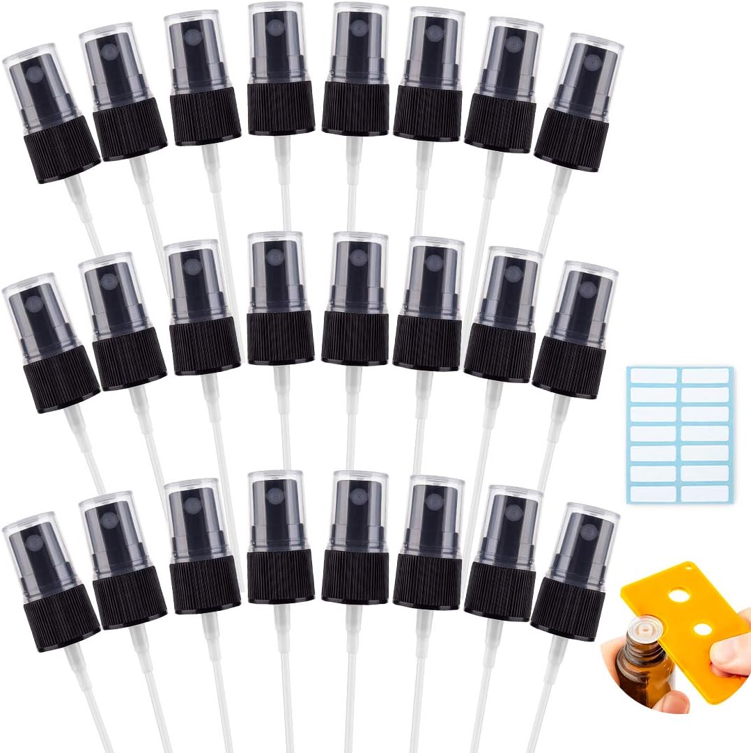 AMORIX Spray Top Black Sprayer Replacement Fine Mist Spray Tops Fits Standard 18/410 Neck Essential Oil Bottles, Free Tag Label Stickers & Essential Oil Key Tool (Pack of 24)