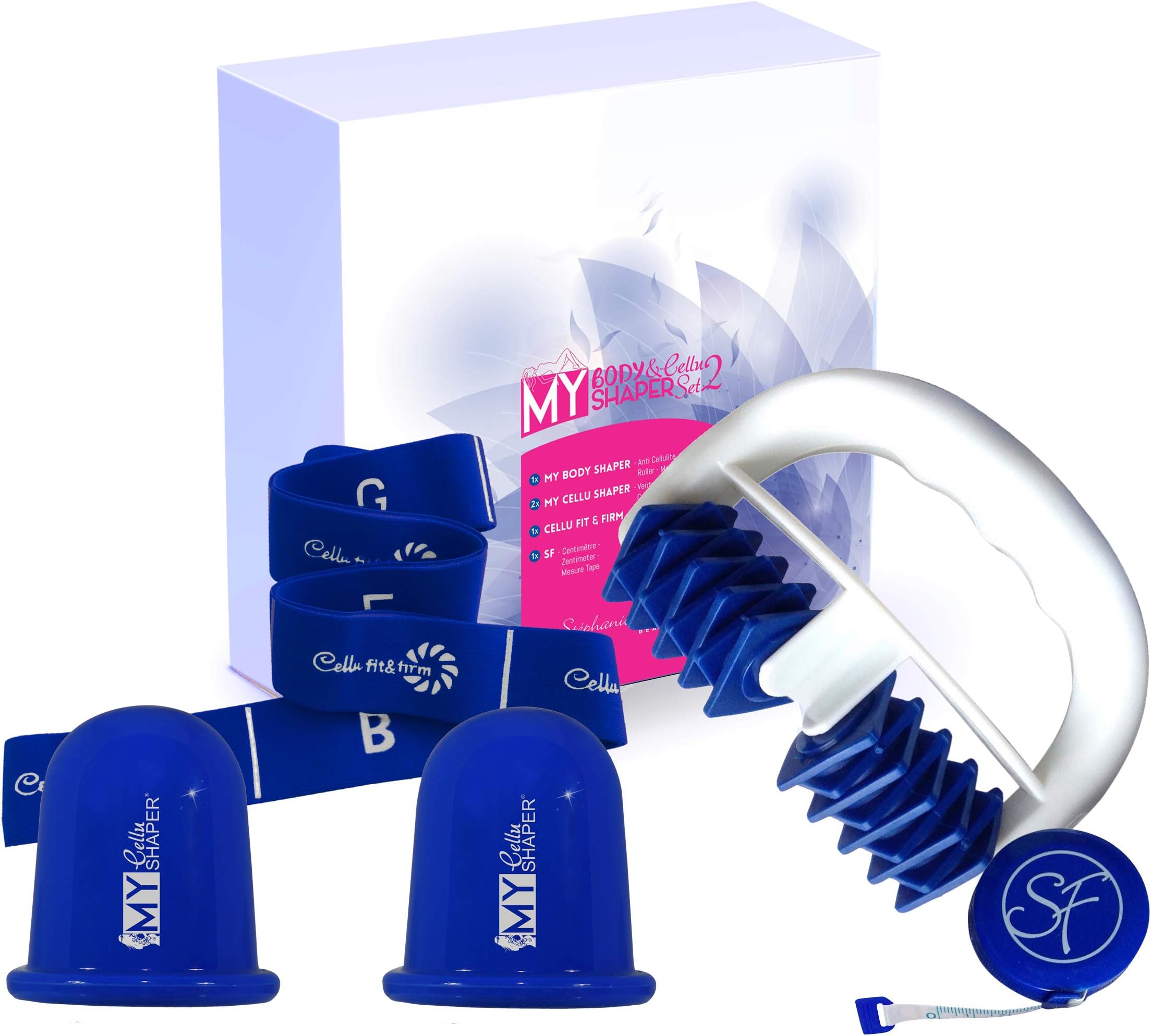 Stephanie Franck Beauty Cellulite Set2 - with one Body Roller Massager, 2 Cups and one Elastic Band. (Blue)
