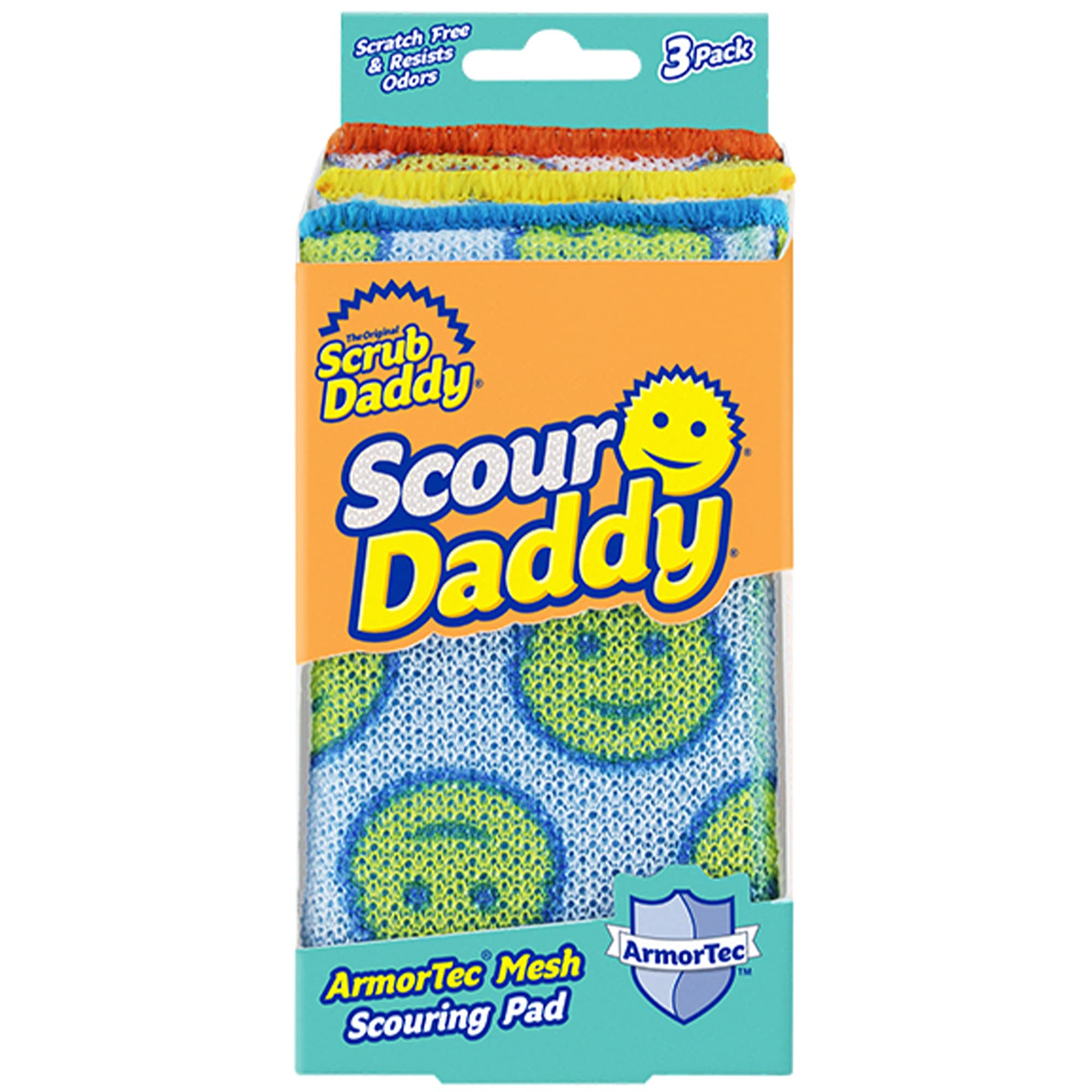 Scrub Daddy Scour Daddy, Scourers Sponge, Non Scratch Scouring Pads, Heavy Duty Scourer Pad for Cleaning Dishes, Alternative to Metal Kitchen Scourers, Dish Sponges for Washing up, Multipack of 3