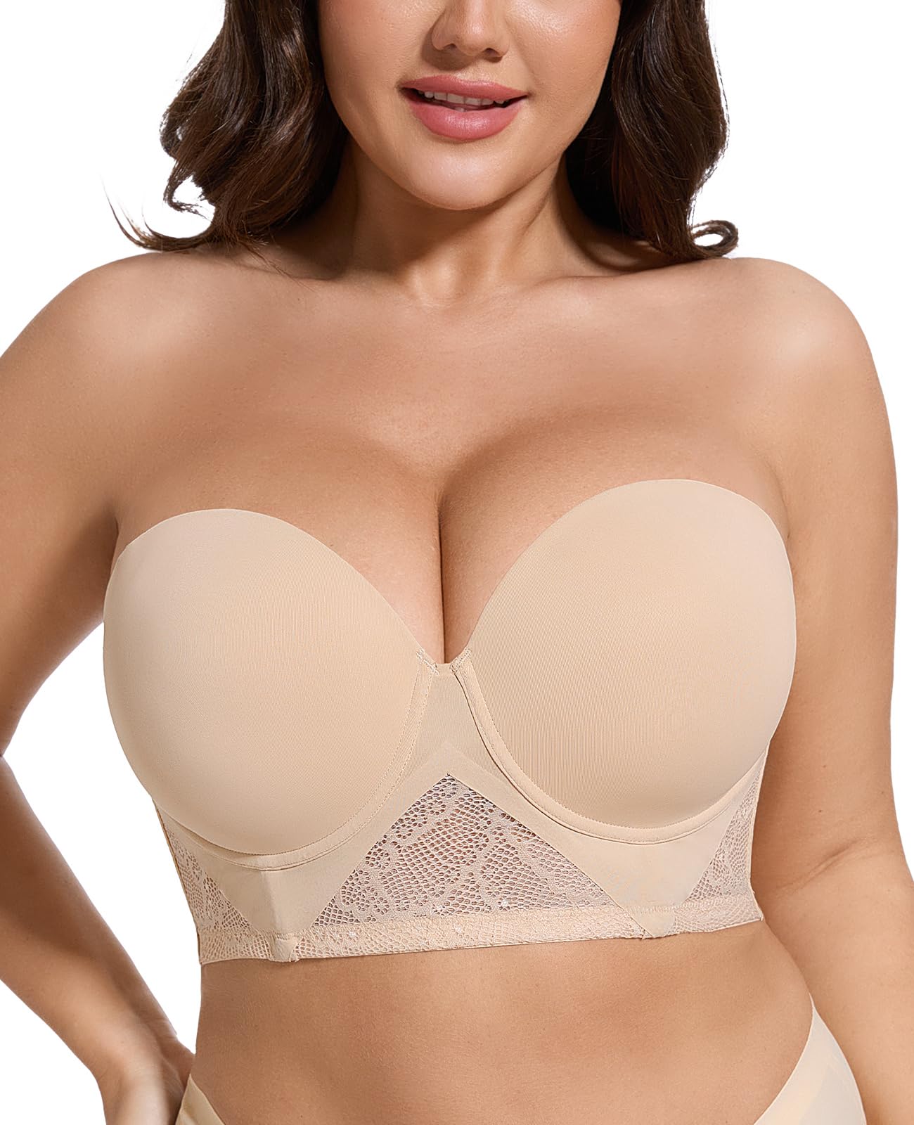 Photo 1 of HWDI Strapless Longline Bra for Women Convertible Multiway Lace Corset Lift Up Bras Underwired Plus Size Beige, 36C