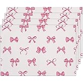 Pink Bow Placemats Set of 4, Washable Heat Resistant Placemats Kitchen Table Mats,12x18 Inch Place Mats for Home Restaurant Farmhouse, Indoor Outdoor Party Table Decoration -A07