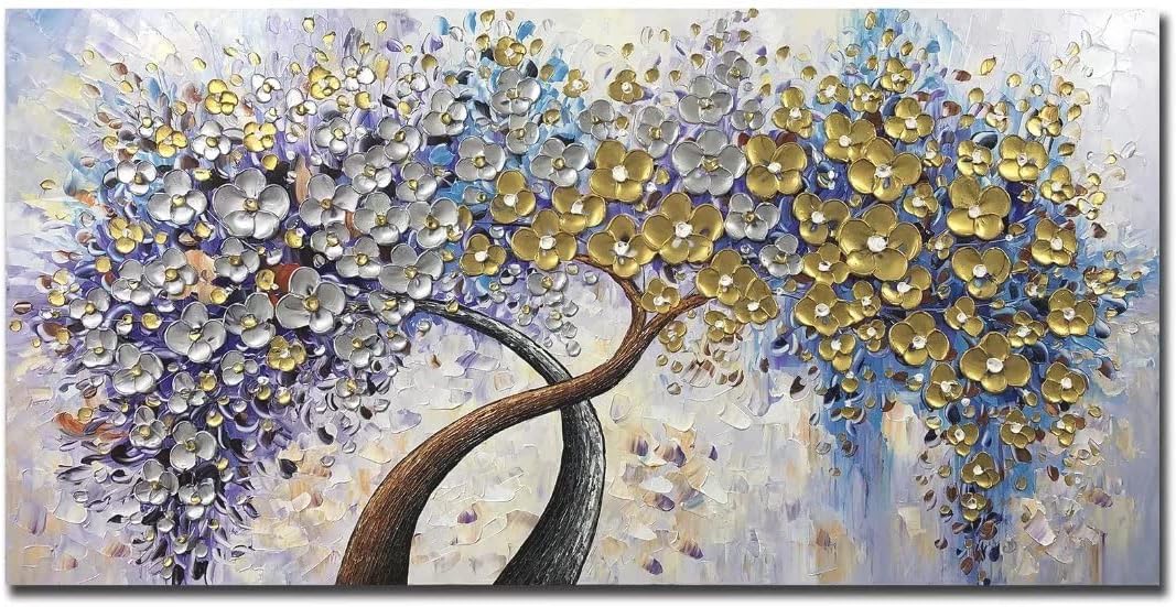 Paintings - V-inspire Art,30x60 Inch Modern 3D Hand Painted Lucky Flower Tree Oil Paintings Acrylic Painted Wood Frame Decoration Abstract Canvas Wall Art Living Room Bedroom Dining Room Home Ornament