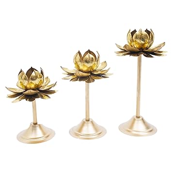 Standing Tealight Holder with Glass for Diwali Decoration Diyas (Pack of 3) Diwali tealight Holder, Metal Candle Holder, Lotus Candle Standing Holder, Diwali Decoration, Diwali Gift (Set of 3)
