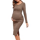 Ficerd Women's Ribbed Knit Maternity Dresses Long Sleeve Pregnancy Bodycon Dress 2025 Split Stretchy Clothes for Baby Shower