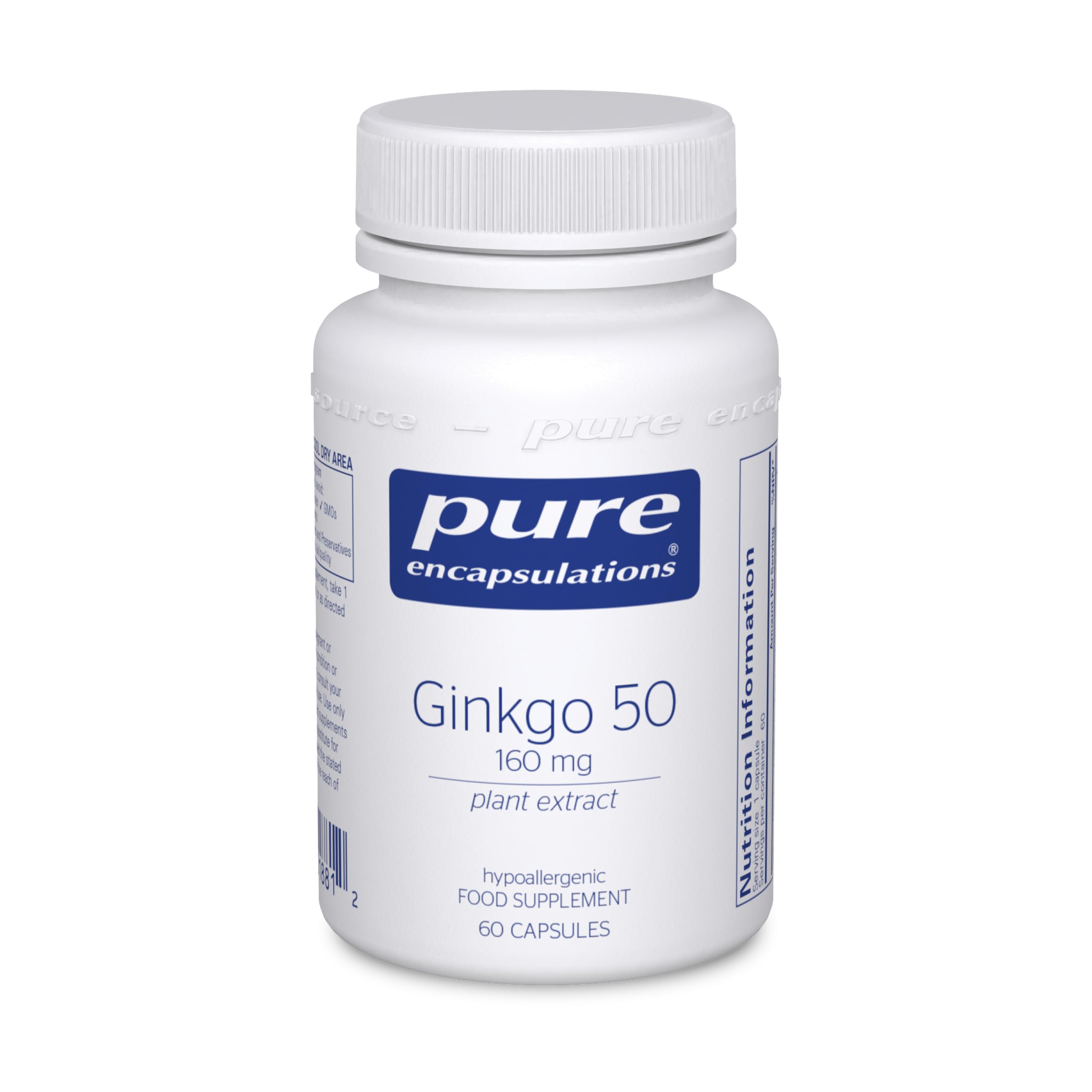 Pure Encapsulations Ginkgo 50 160mg - Hypoallergenic Ginkgo Biloba Extract Phytonutrient Supplement - 60 Capsules