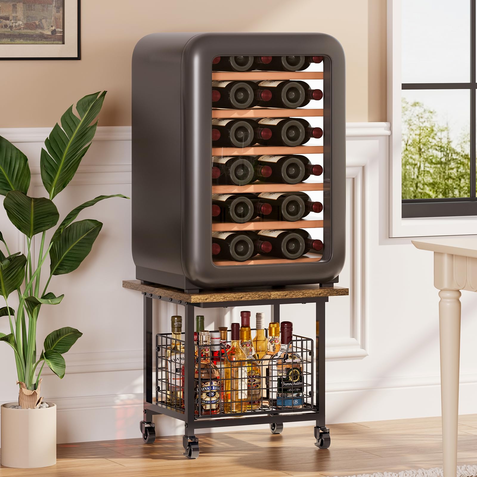 Mini Fridge Stand with Storage, Small Refrigerator Stand with Wheels, Mini Fridge Cabinet-Max Load 300 LBS Heavy Microwave Printer Stand Mini Fridge Cart for Dorm, Apartment, Kitchen, Office (Brown)