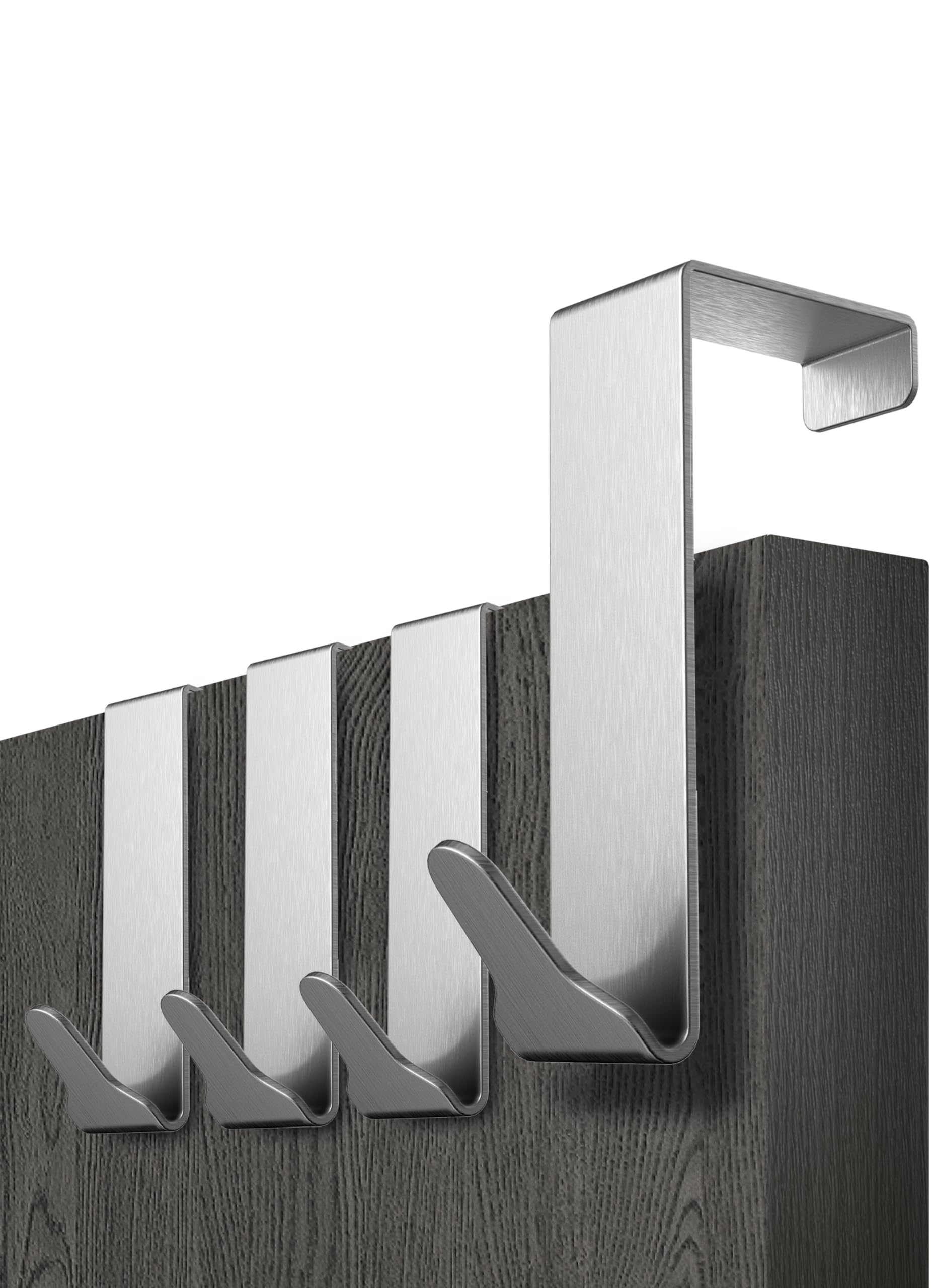 Menz Over Door Hook 4 Pack Silver, Stable Overdoor Hanger. Rust-Free Door Hangers for Clothes, 4.1cm Fit. 15kg Coat Hanger, Stainless Steel with EVA Pads, Prevents Scratches