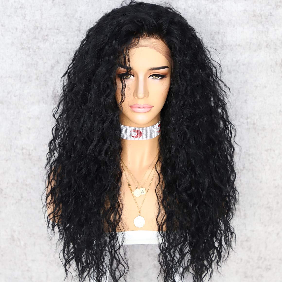 Sapphirewigs Kinky Curly Black Color Women Daily Makeup Kanekalon Heat Resistant Synthetic Lace Front Party Wigs