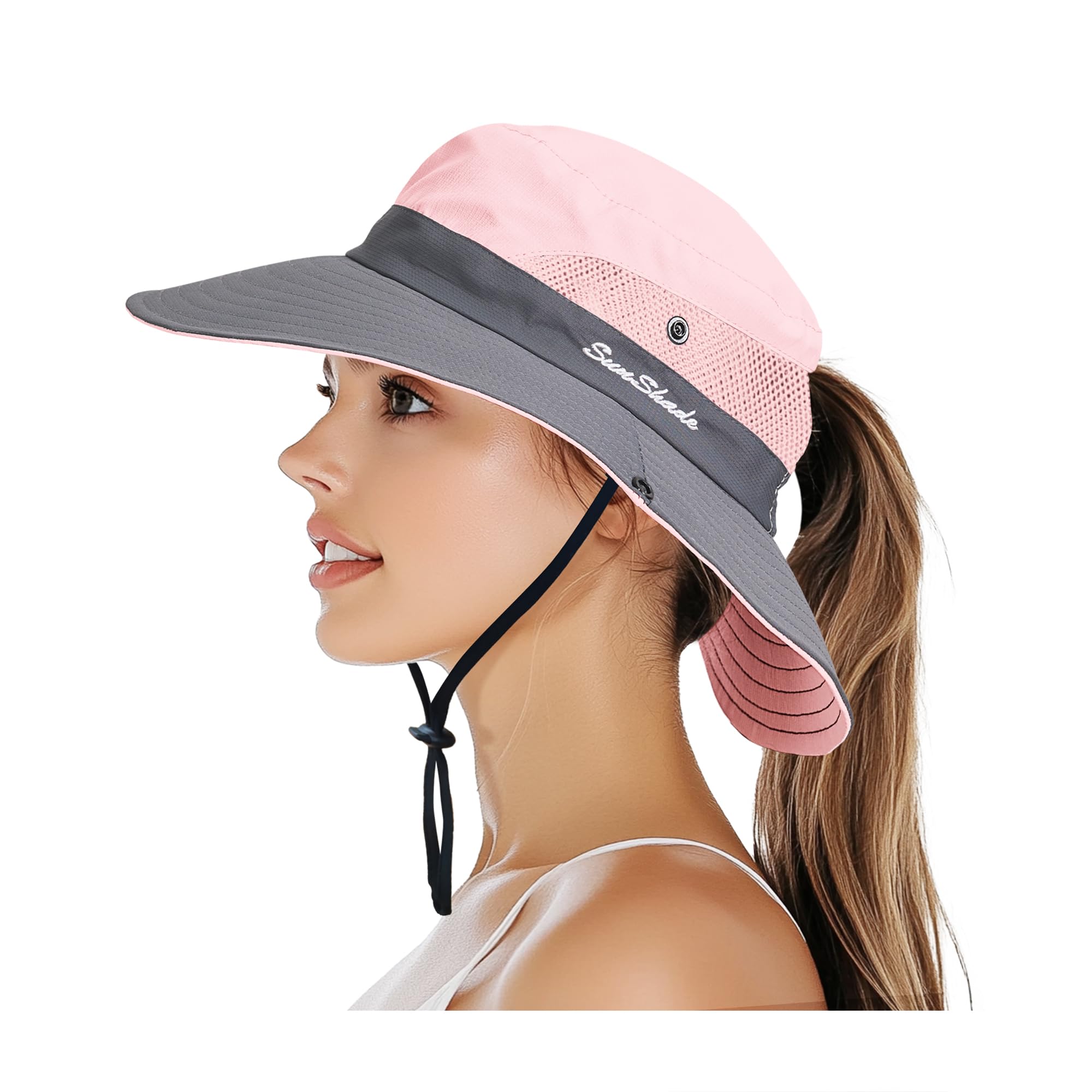 Photo 1 of PFFY Sun Bucket Hats for Women Men UV Protection Wide Brim Fishing Hat Beach Outdoor Essentials Pink/Grey (Ponytail)