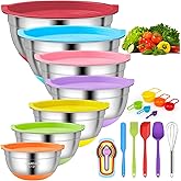 CHAREADA Mixing Bowls with Airtight Lids, 18pcs Stainless Steel Nesting Mixing Bowls Set Non-slip Silicone Bottom, Size 4.5, 3.6, 2.7, 2.1, 1.7, 1.1, 0.7 qt, Fit for Mixing & Serving(Colorful)