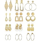 Tornito 12 Pairs Clip on Hoop Earrings for Women Geometric Round Twist Chunky Hoop Earrings No Piercing Fake Earrings Gold Silver Tone