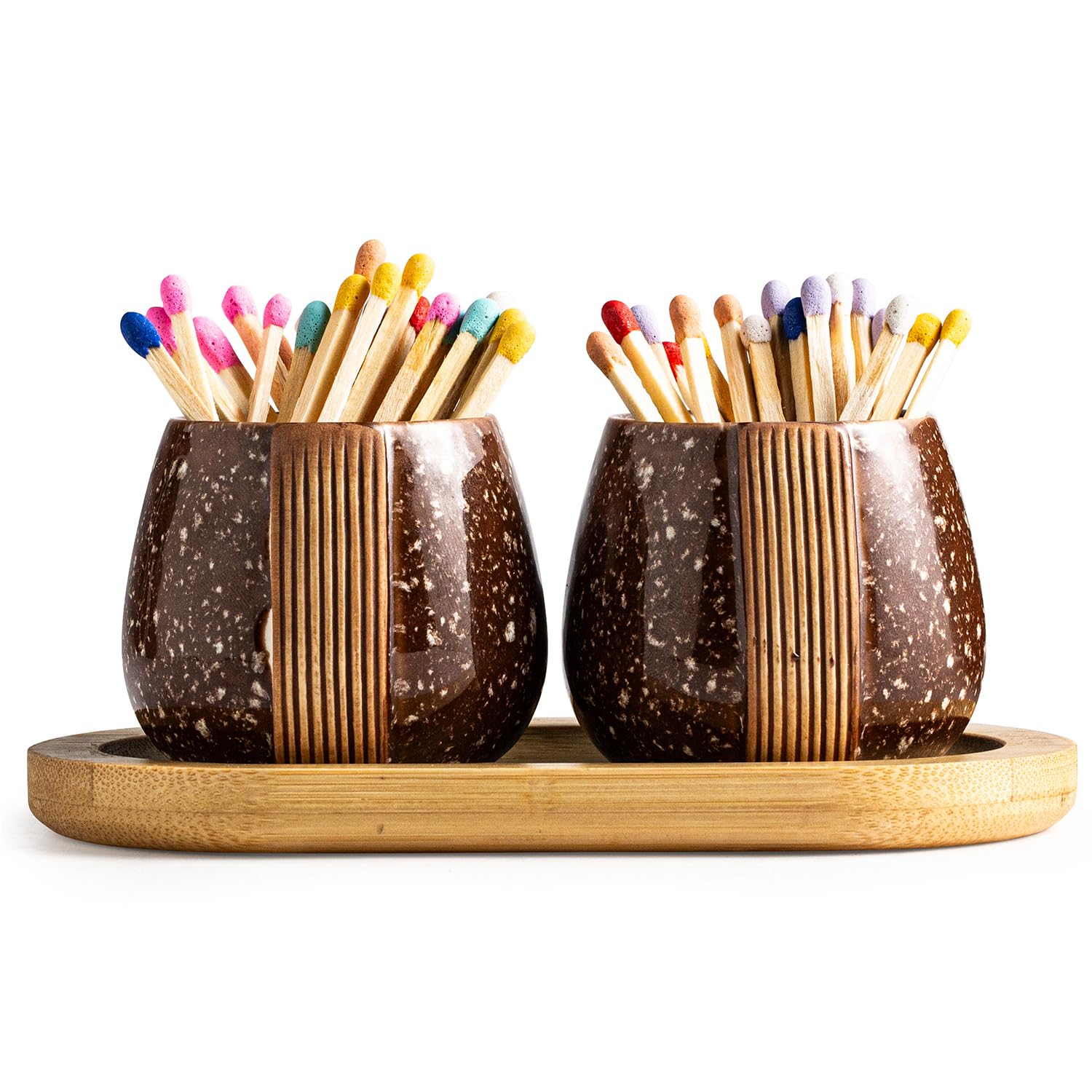 Photo 1 of Match Holders with Striker - Set of 2 Ceramic Match Container With Wooden Tray Sleek and Decorative Home Accessories for Kitchen - Matches NOT Included, Brown
