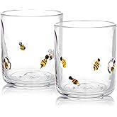 LIKEYO 2 Pack Icon Juice Glass Bee, Old Fashioned Transparent Cup Heat & Cold Resistant Coffee Cup with Heavy Base, Cute Cocktail Glass Drinking Mug 16 oz, Unique Bee Design for Birthday Gift