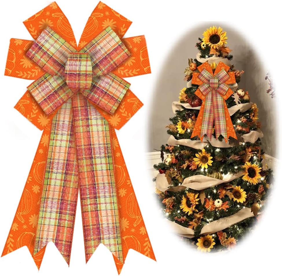 Bows & Ribbons - Large Fall Bows for Wreath, Thanksgiving Pumpkin Wreath Bows Orange Buffalo Plaid Bows for Front Door, Farmhouse Ornament Burlap Tree Topper Bows for Fall Indoor Outdoor Decoration