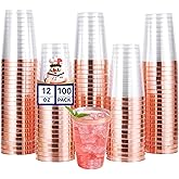 JOLLY CHEF 100 Pack Rose Gold Plastic Disposable Cups, 12 oz Clear Plastic Cups Tumblers, Elegant Rose Gold Rim Disposable Glasses Suitable for Party Wedding