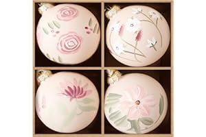 DN DECONATION Christmas Ball Hanging Ornaments Set of 4 – 3.14” Pink Glass Balls Hand-Painted with Flowers and Green Leaves, Elegant Christmas Decorations for Tree, Holiday Decor & Wedding