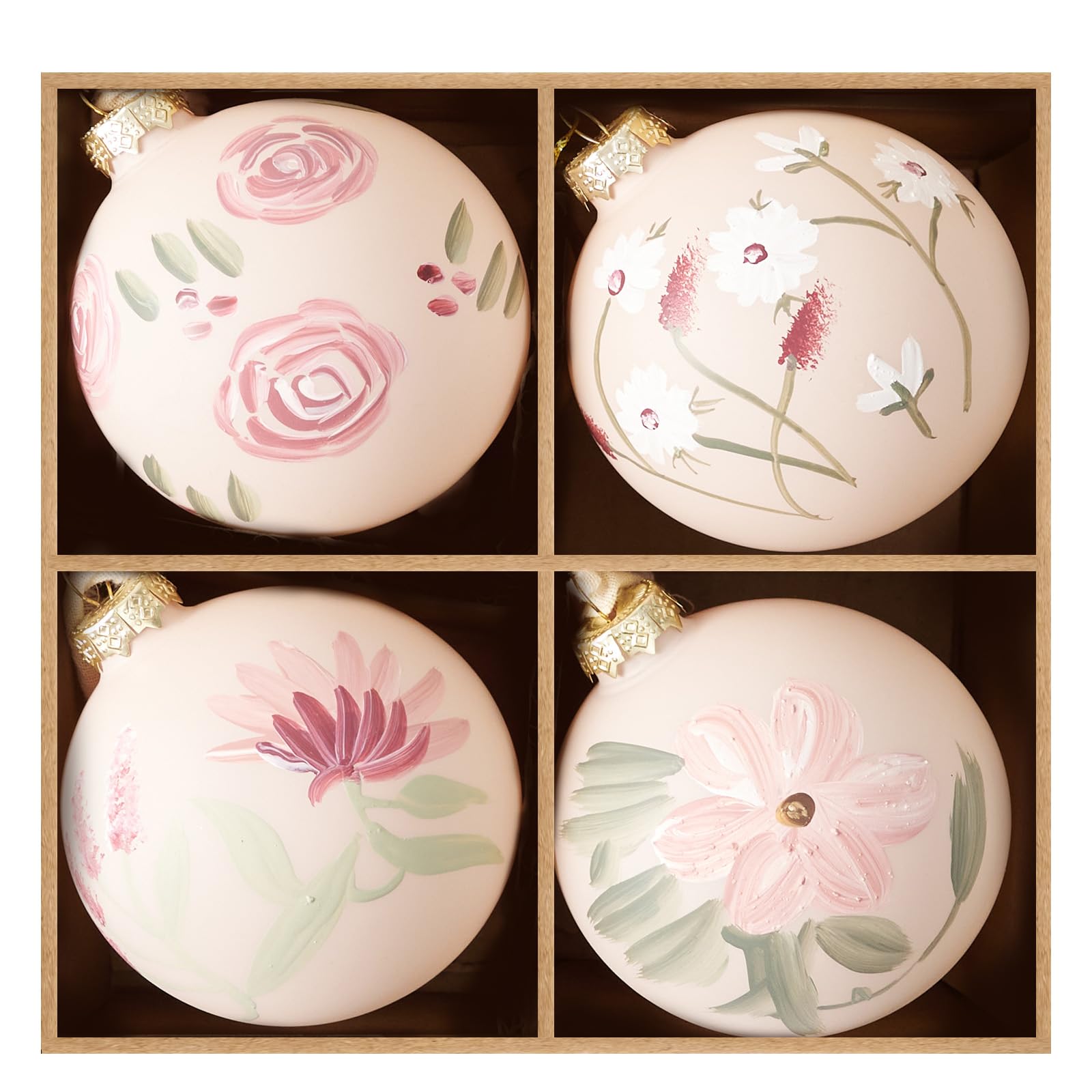 Photo 1 of 1 IS MISSING *************** *DN DECONATION Christmas Ball Hanging Ornaments Set of 4 – 3.14” Pink Glass Balls Hand-Painted with Flowers and Green Leaves, Elegant Christmas Decorations for Tree, Holiday Decor & Wedding