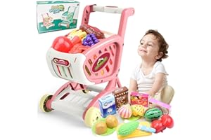 KEJIH Tiny Size Shopping Cart for Kids - Kids Shopping Cart Trolley Play Set,Includes 14 Grocery Food Fruit Vegetables Shop Accessories,Small Shopping Cart Toy,Toddler Shopping Cart ,Pretend Play Game Toy