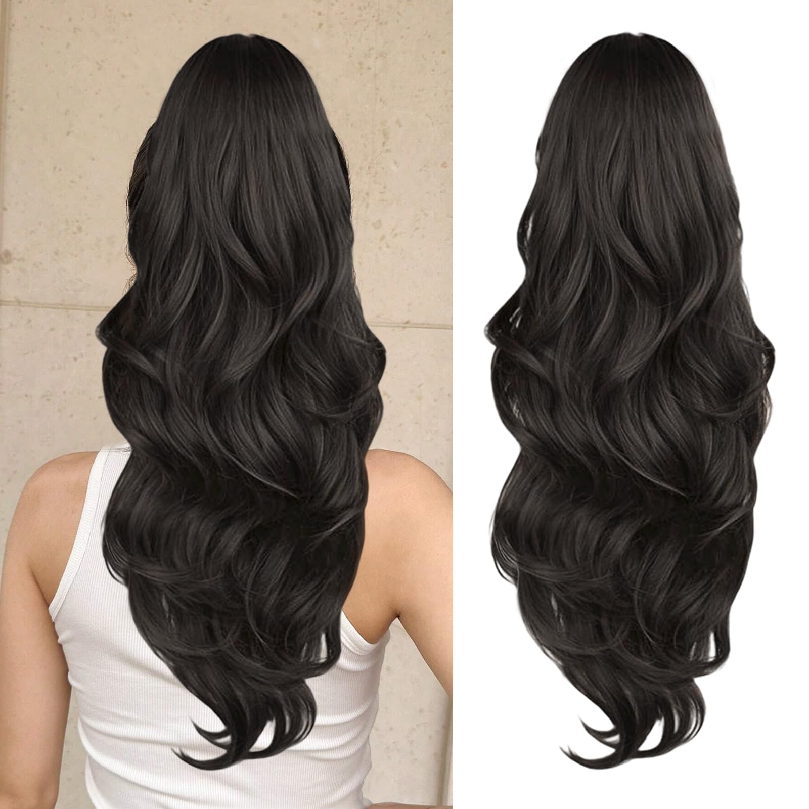 Photo 1 of CHRSHN Ponytail Extension, Drawstring Ponytail Extension for Women 23 Inch Long Dark Brown Wavy Pony Tails Hair Extensions Synthetic Clip in Ponytail Hairpiece for Women
