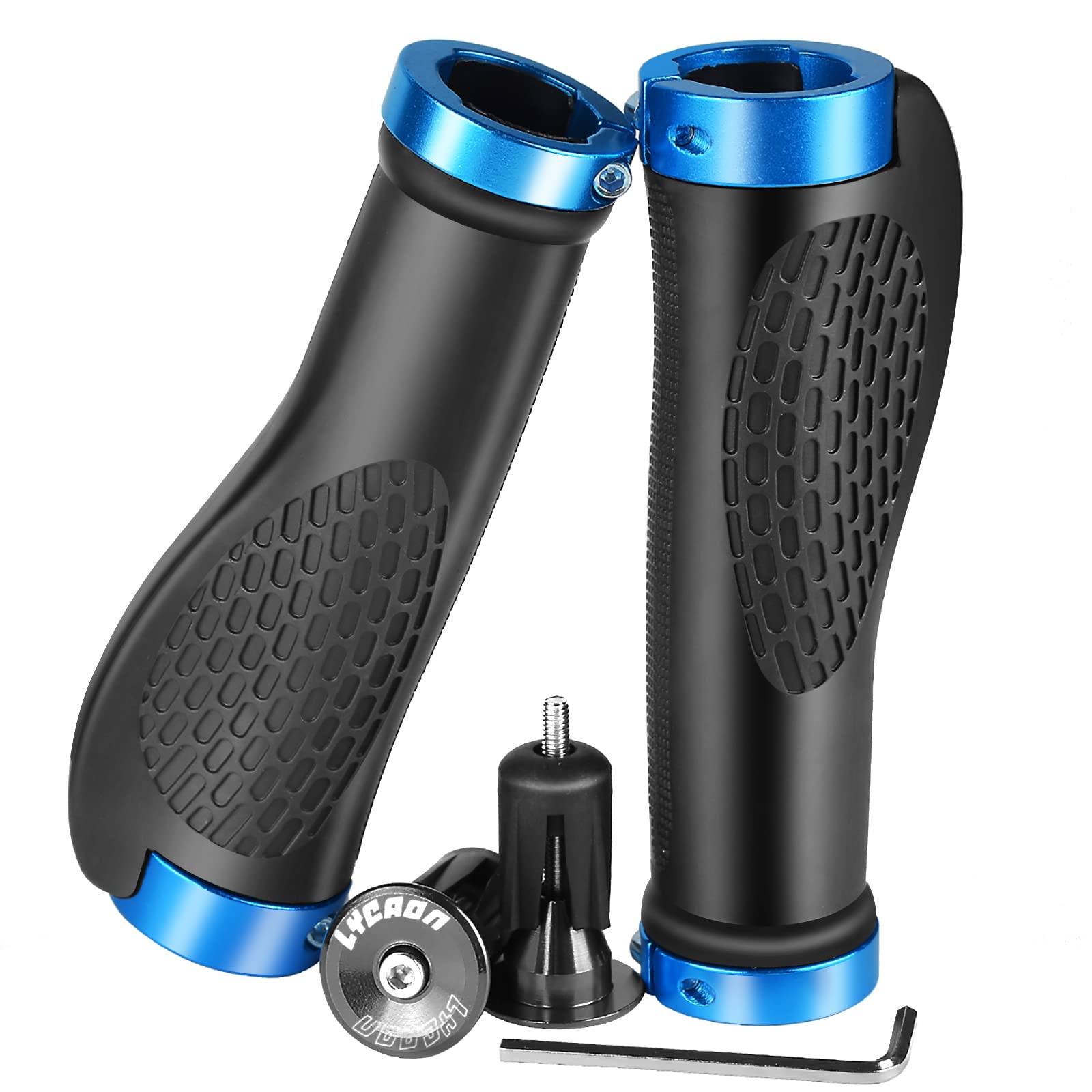 LYCAON TPR Bicycle Bike Grips with 2 Expandable Aluminum End Caps, Bike Bicycle Grips Fits MTB/BMX/Mountain/Downhill/Foldable/Urban Bicycles/Scooter (BLUE, ERGONOMIC GRIPS)