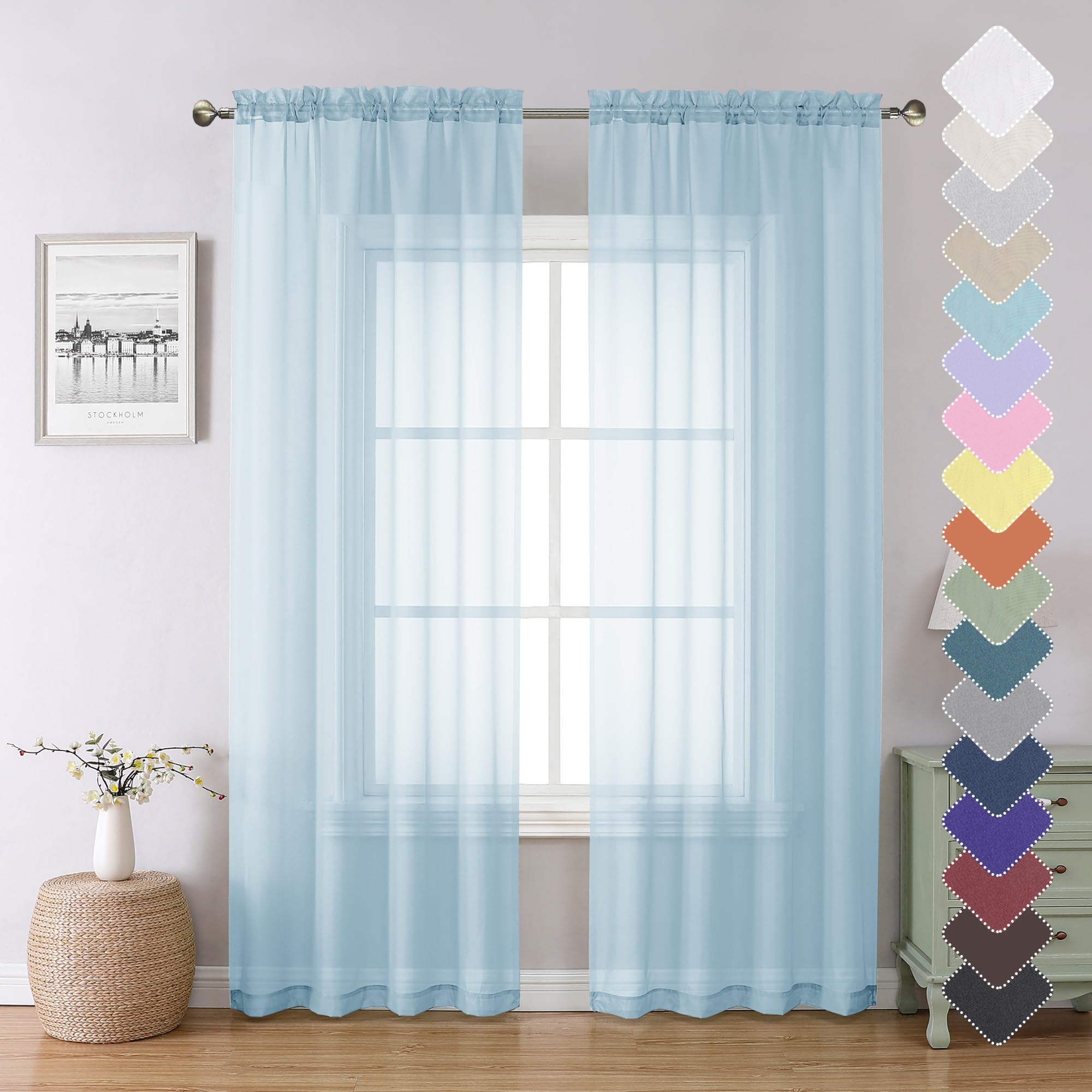Photo 1 of Lecloud Light Blue Sheer Curtains 84 Inches Long 2 Panels, Light Filtering Solid Voile Curtains for Living Room Bedroom, Dual Rod Pocket Gauzy Farmhouse Window Treatments, 40 W x 84 L Inch, Sky Blue