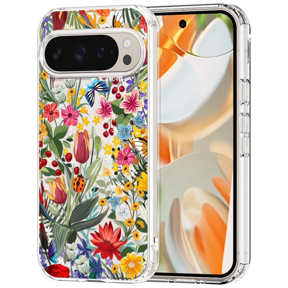 MOSNOVO Case for Google Pixel 9 Pro XL, [Buffertech 6.6ft Military-Grade Drop Protection] [Anti Peel Off Tech] Clear TPU Bumper Phone Case Cover Design - In The Garden