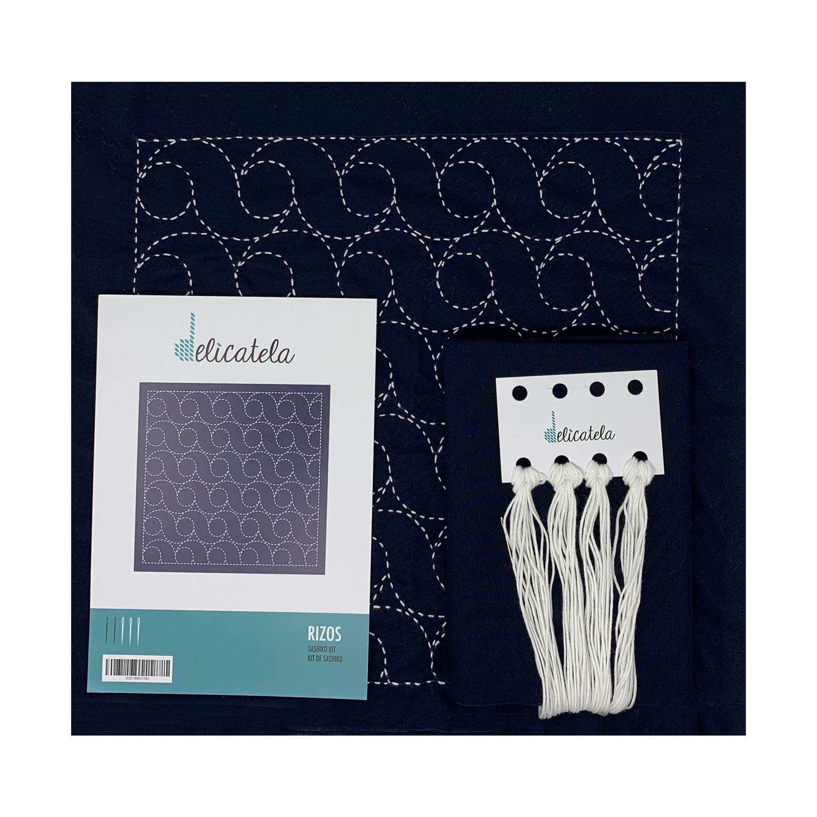 DELICATELA Sashiko | Japanese Embroidery Kit | Fabric 68cm x 34cm Pre-Stamped (30cm x 30cm) | Natural Thread | Long Needle | Embroidery Instructions | Curls Design (INDIGO BLUE)