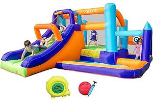 AirMyFun Inflatable Water Slide Bounce House with Long Curved Slide for Kids with Blower, Family Backyard Bouncy Castle with Fun Doorway Tunnel, Climbing Wall and Ball Shooting (High End)