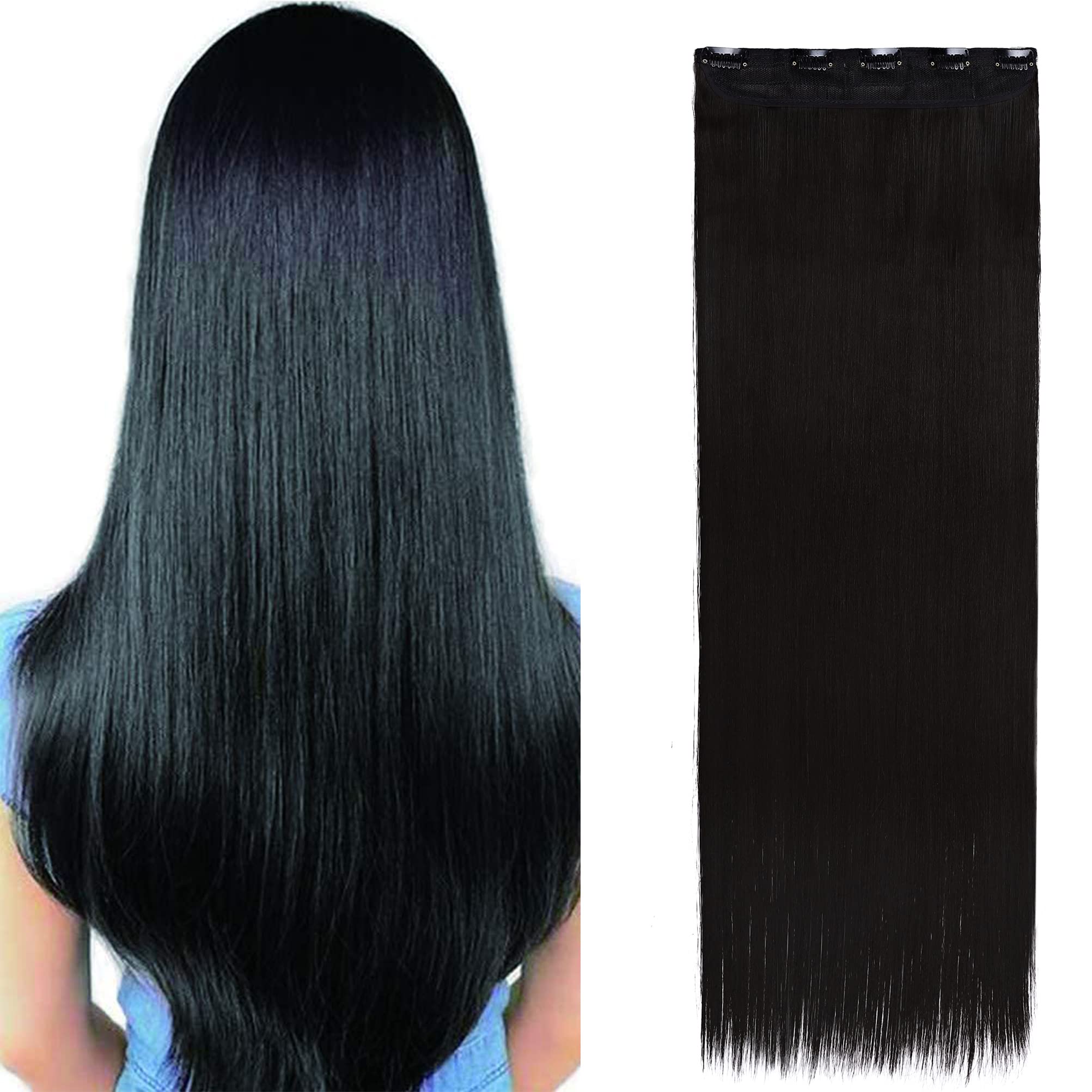 One Piece Half Head Synthetic Clip in Hair Extensions Ombre 5 Clips Long Straight Two Tone 30 Inch Dark Black