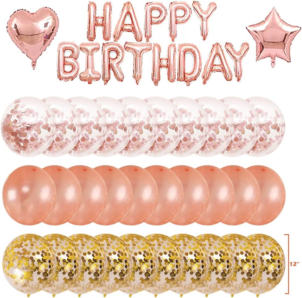 Kalyerparty Rose Gold Happy Birthday Balloons, 50 Pack Rose Gold Confetti Balloons with Happy Birthday Foil Balloons for Birthday Wedding Bridal Engagement Party Decorations: Toys & Games