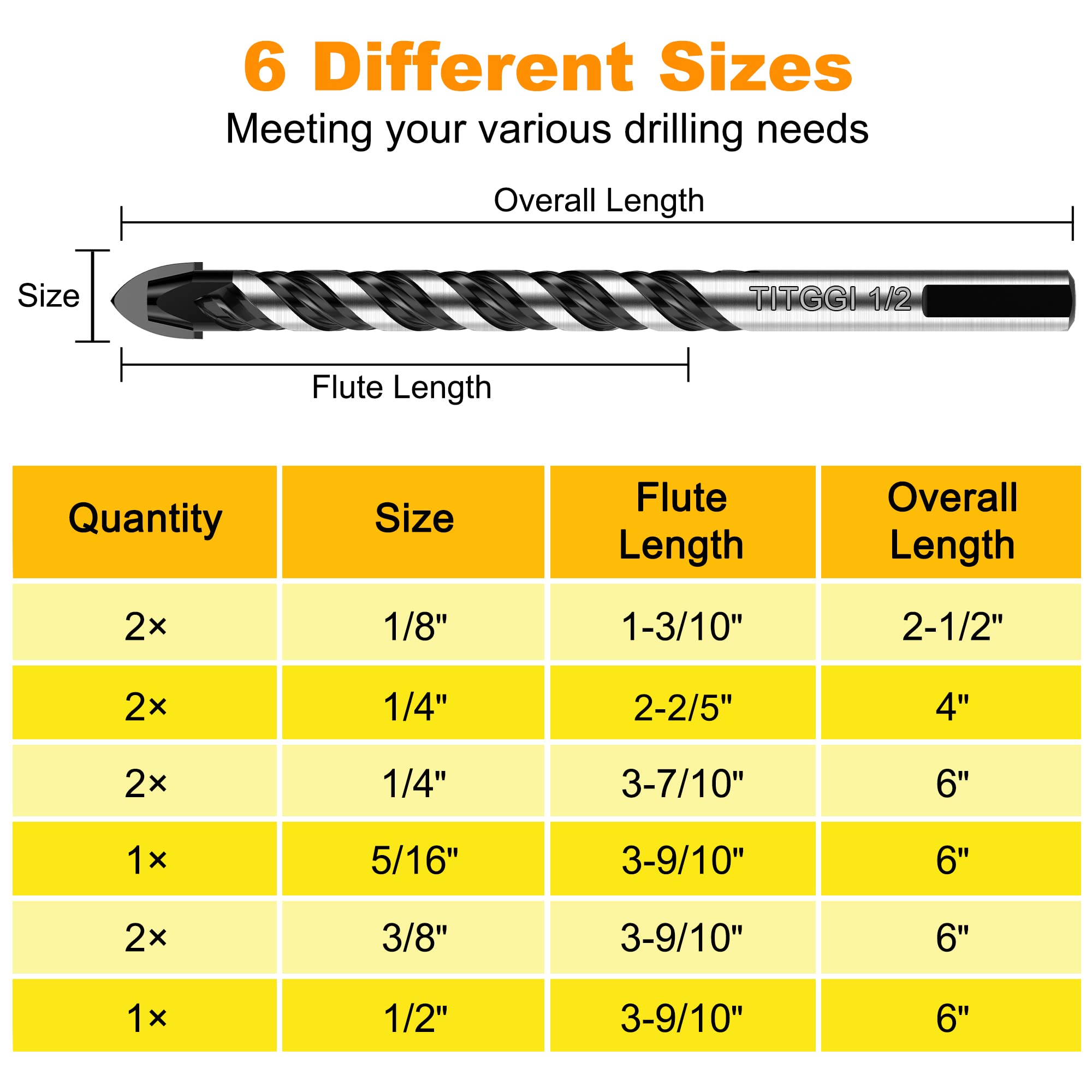 10PCS Masonry Drill Bit Set & Concrete Drill Bit Set, Extension Professional Carbide Drill Bit Set for Glass/Brick/Plastic/Cement/Wood/Tile/Etc, 1/8