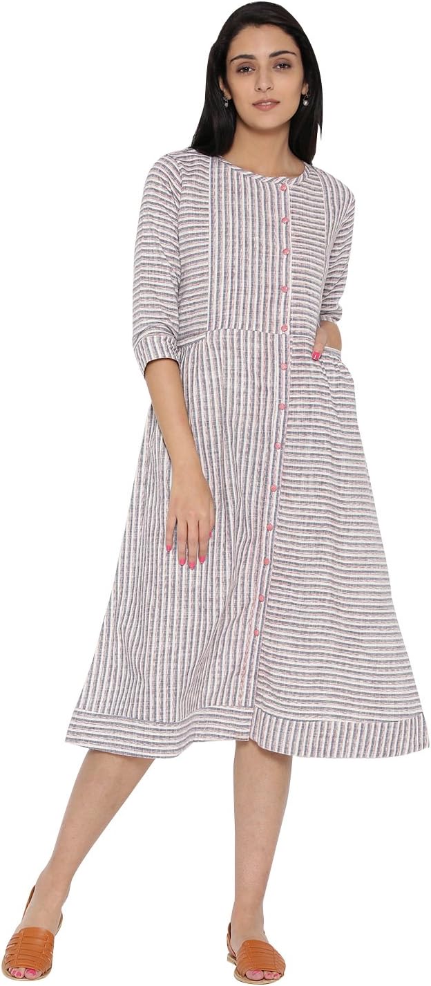 Jaipur Kurti Women Stripes Pattern Dress (White)