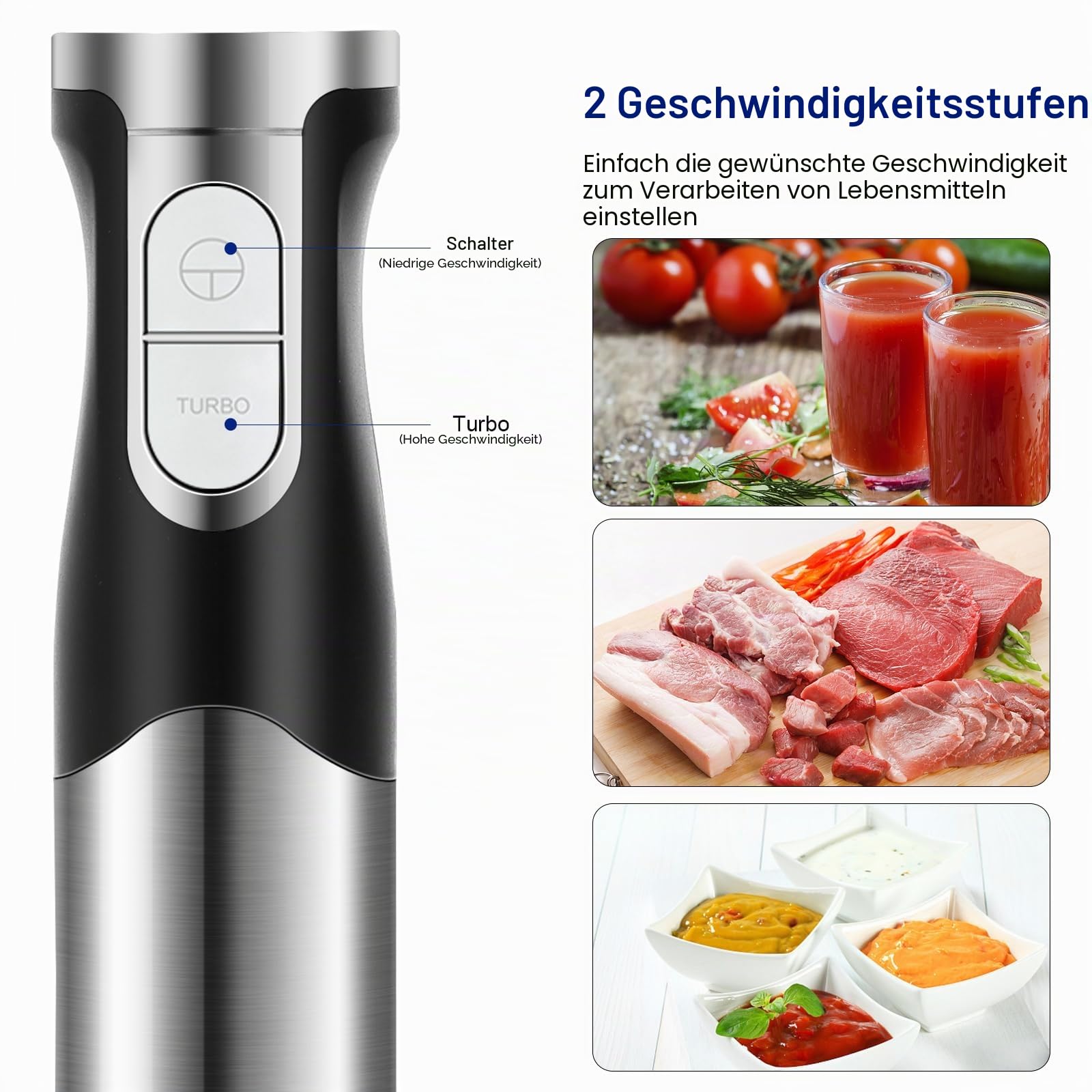Stabmixer Set 6 in 1 Edelstahl 1200W für Babynahrung Salate Suppen Gemüse 2