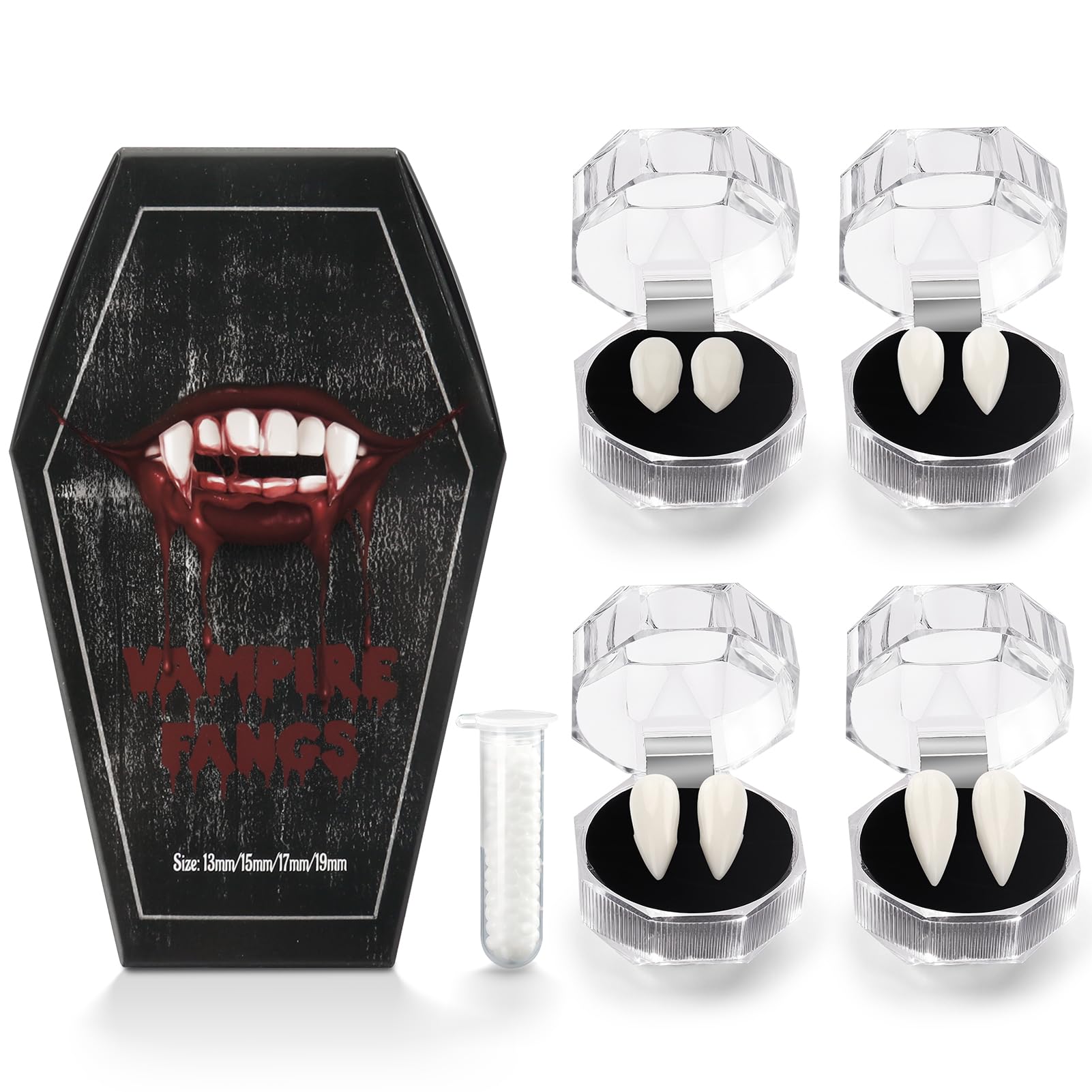 Photo 1 of Catephe 4 Pairs Vampire Teeth, 4 Size Vampire Fangs with Teeth Glue, Halloween Horror False Teeth