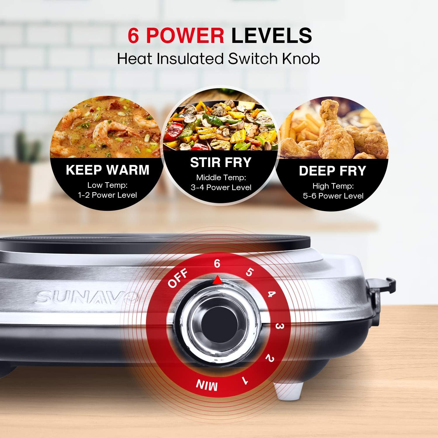 SUNAVO 1500W Hot Plates for Cooking, Electric Single Burner with Handles, 6 Power Levels Stainless Steel Hot Plate for Kitchen Camping RV and More Silver: Kitchen & Dining