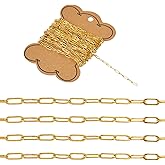Pandahall 16.4 Feet Brass Golden Paperclip Chains Rectangle Link Necklace Chains 7.6x2.6x0.5mm Soldered Gold Finish for DIY Bracelet Jewelry Making, Includes Card Paper