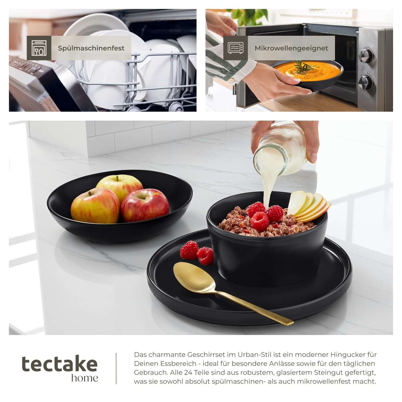 tectake® 24-tlg. Geschirrset, Tafelservice 6 Personen, Steingut Geschirr Set schwarz, Teller Set mit Schalen, Speiseteller, Frühstücksteller, tiefe Teller und Schüsseln - schwarz 7