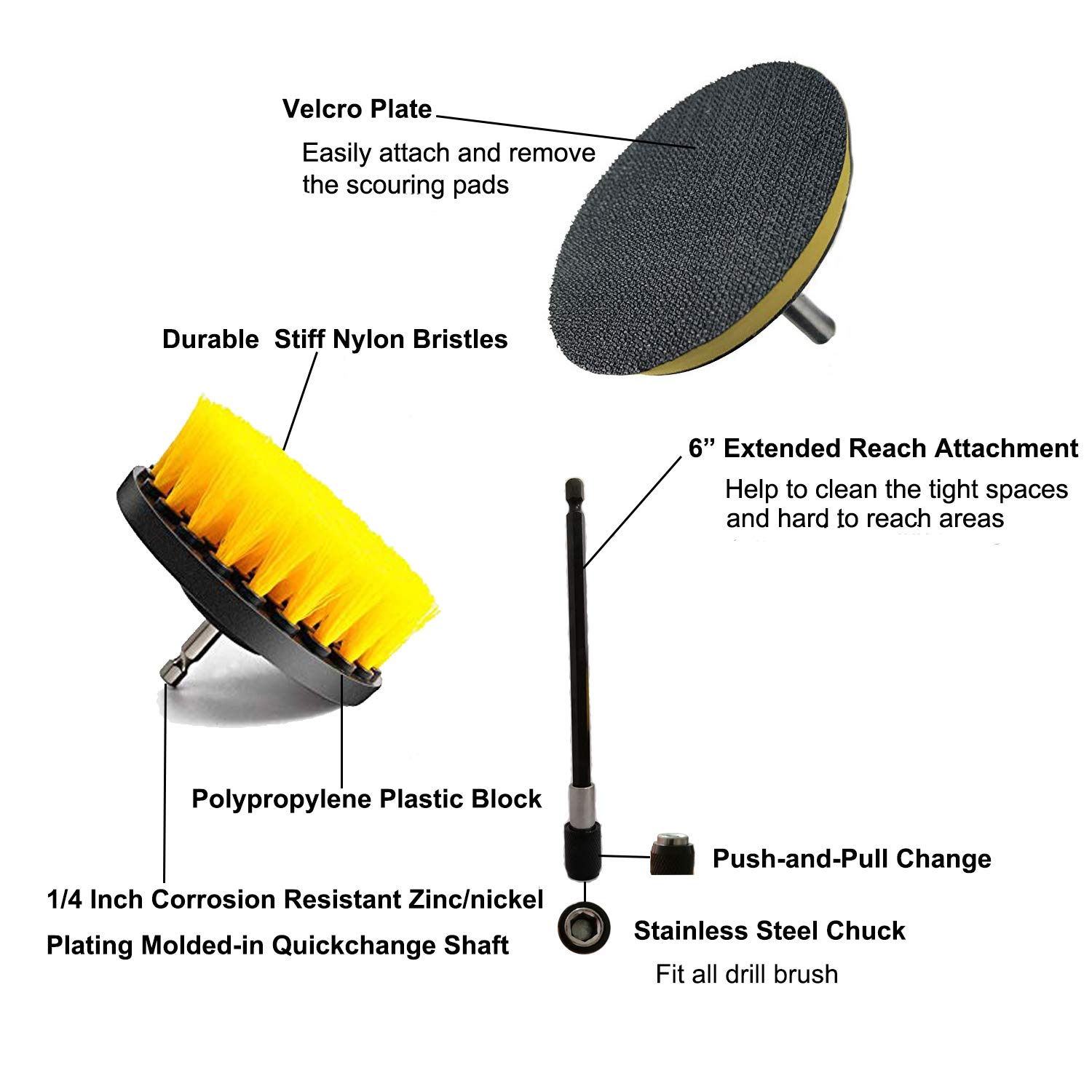 Drill Brush Attachment Set, Yushoo 9Pcs Drill Power Scrubber Pads Cleaning Brushes Kits with 6 Inch Extender Reach Attachment for Grout, Tiles, Sinks, Bathtub, Bathroom, Shower and Kitchen Surface