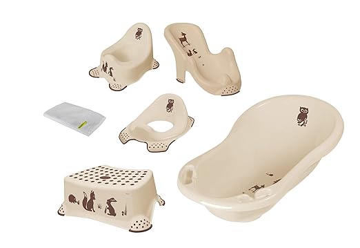 6er Set forest beige Badewanne XXL + Badesitz + Topf + WC Aufsatz + Hocker + Waschhandschuh