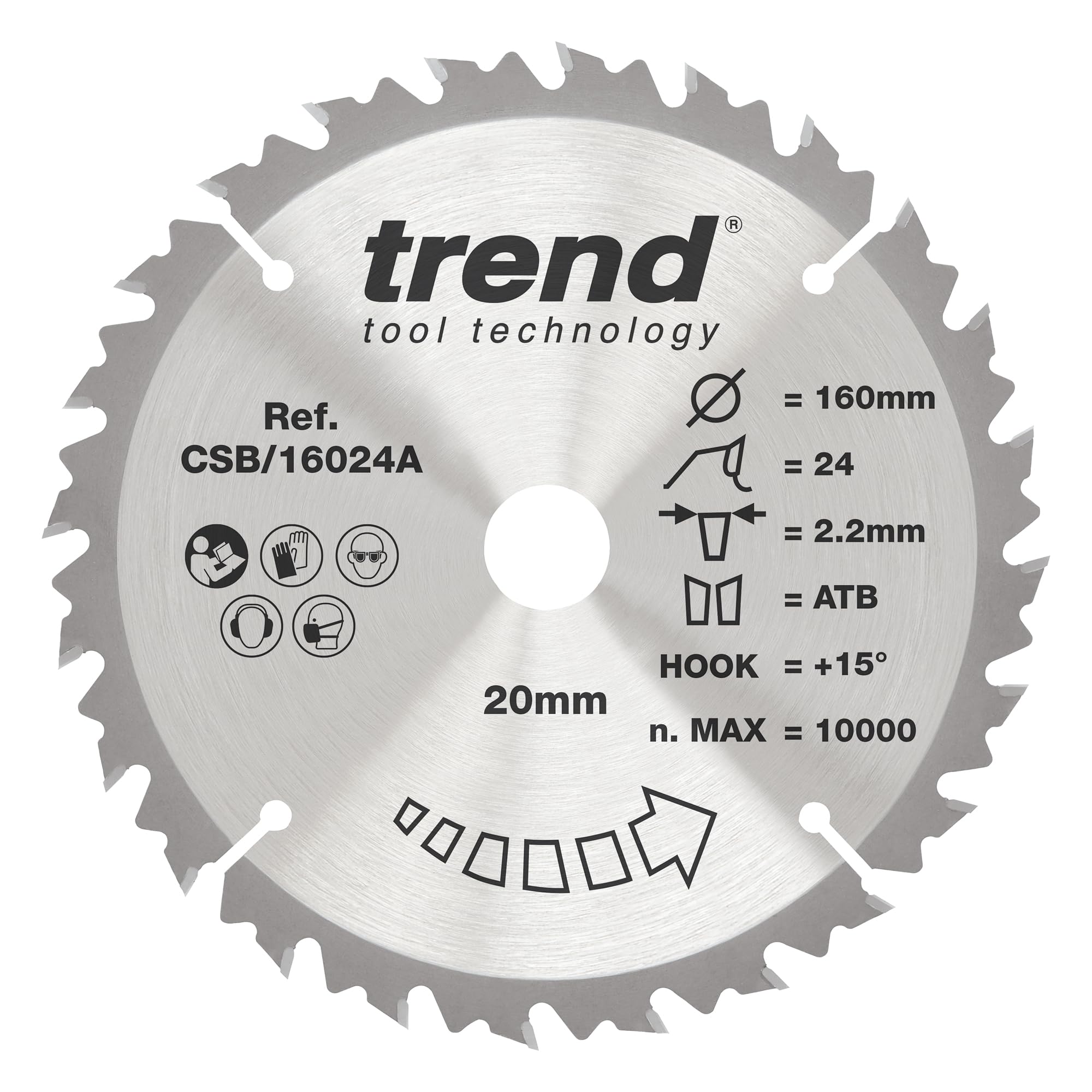 Trend Wood Circular Saw Blade, 160mm Diameter, 20mm Bore, 24 Teeth, 2.2mm Kerf, +15° Hook, TCT, Medium Finish, CSB/16024A