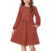 BesserBay Girls Long Sleeve Dresses Removable Tie Belt Fall Ribbed Dress Ruffle Hem with Pockets 6-14 Years